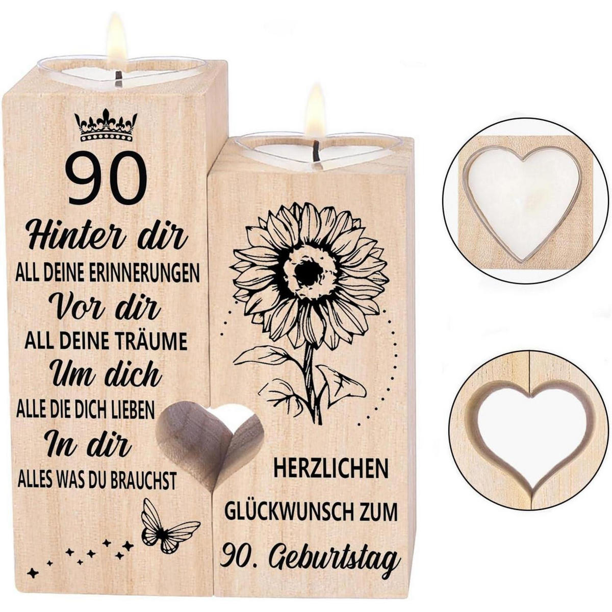 KERZENSTÄNDER 90. Geburtstag Holz 10 x 4,5 x 12 cm - Hellbraun, Holz (12cm)