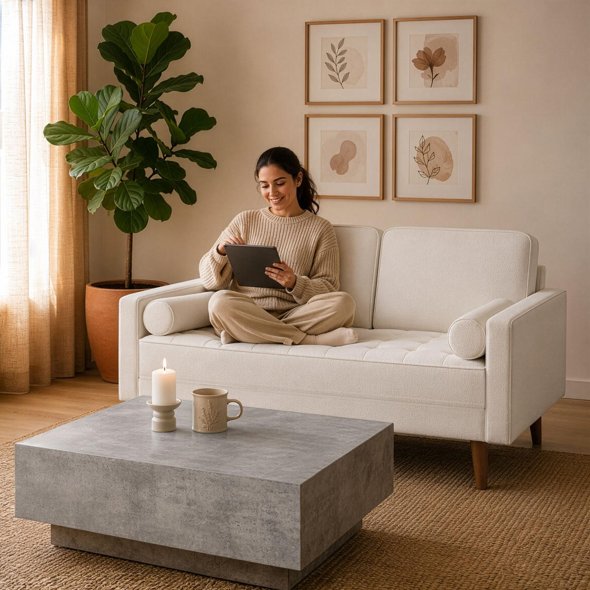 SOFA Skagen, 135 x 76 x 85 cm, Samtoptik creme - Creme/Braun, Kunststoff/Textil (135/85/76cm) - tectake