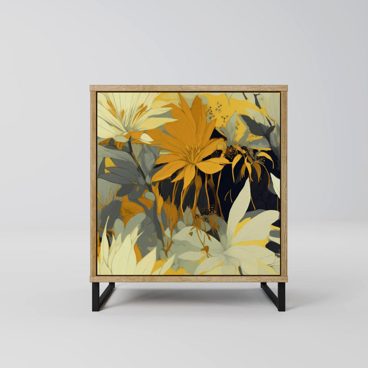 SIDEBOARD SUNKISSED LILY, Eichefarben, 57,5x42x70,5 cm, Schwarze Metall-Sternfüße - Eichefarben/Multicolor, Holzwerkstoff/Metall (57.5/70.5/42cm) - SpaceRebels