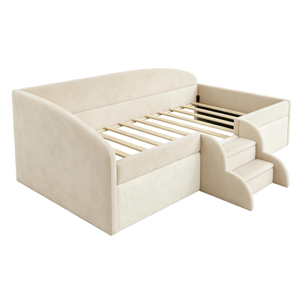POLSTERBETT 90/190 cm aus Samt mit Stufen und Rausfallschutz, Beige - Beige, Textil (90/190cm) - OKMYHOME