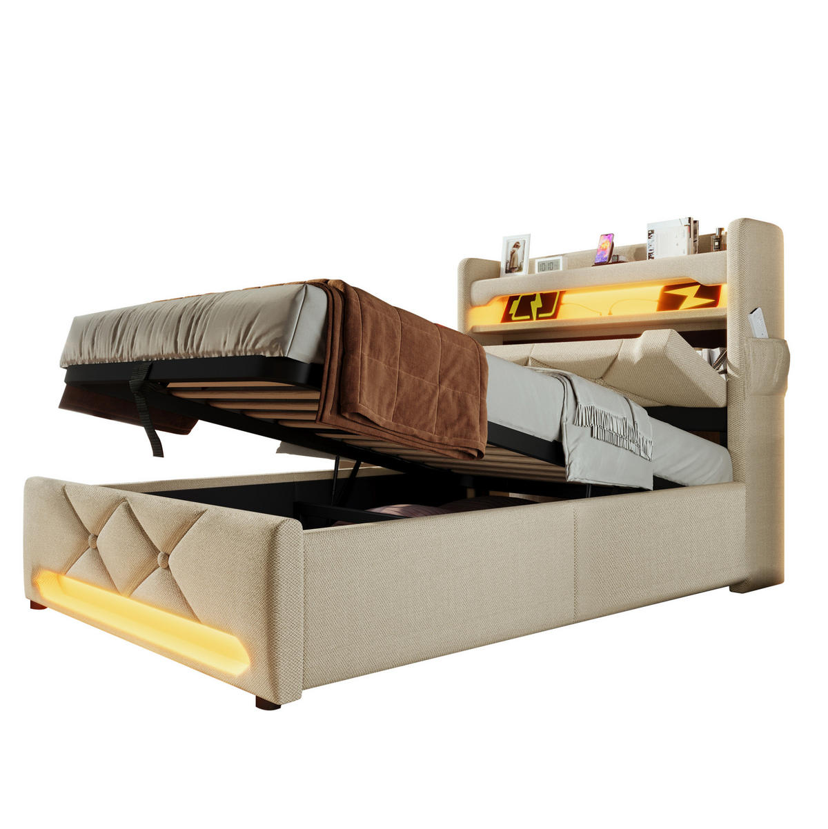 POLSTERBETT 90/200 cm Beige mit Matratze, LED-Beleuchtung und USB-Anschlüssen - Beige, Textil (90/200cm) - Flora Grace