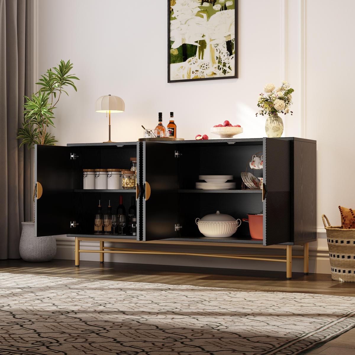 SIDEBOARD 160x40x82 cm mit 4 Türen und Goldgriffen, Schwarz - Schwarz, Holz (160/82/40cm)