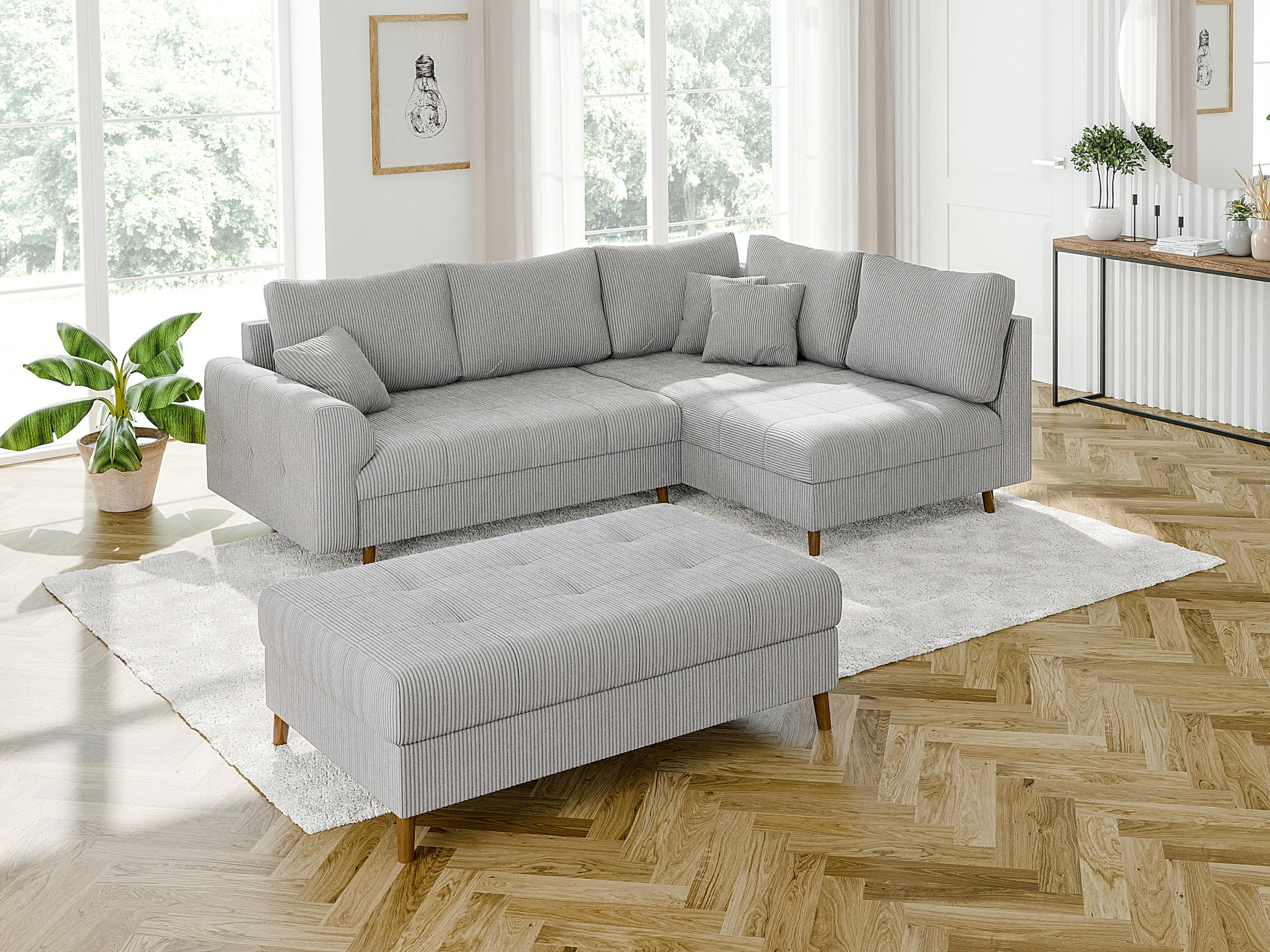 ECKSOFA inkl. Hocker Alma Hellgrau Cord - Ottomane rechts - Hellgrau/Braun, Holz/Textil (231/161cm) - S-Style Möbel