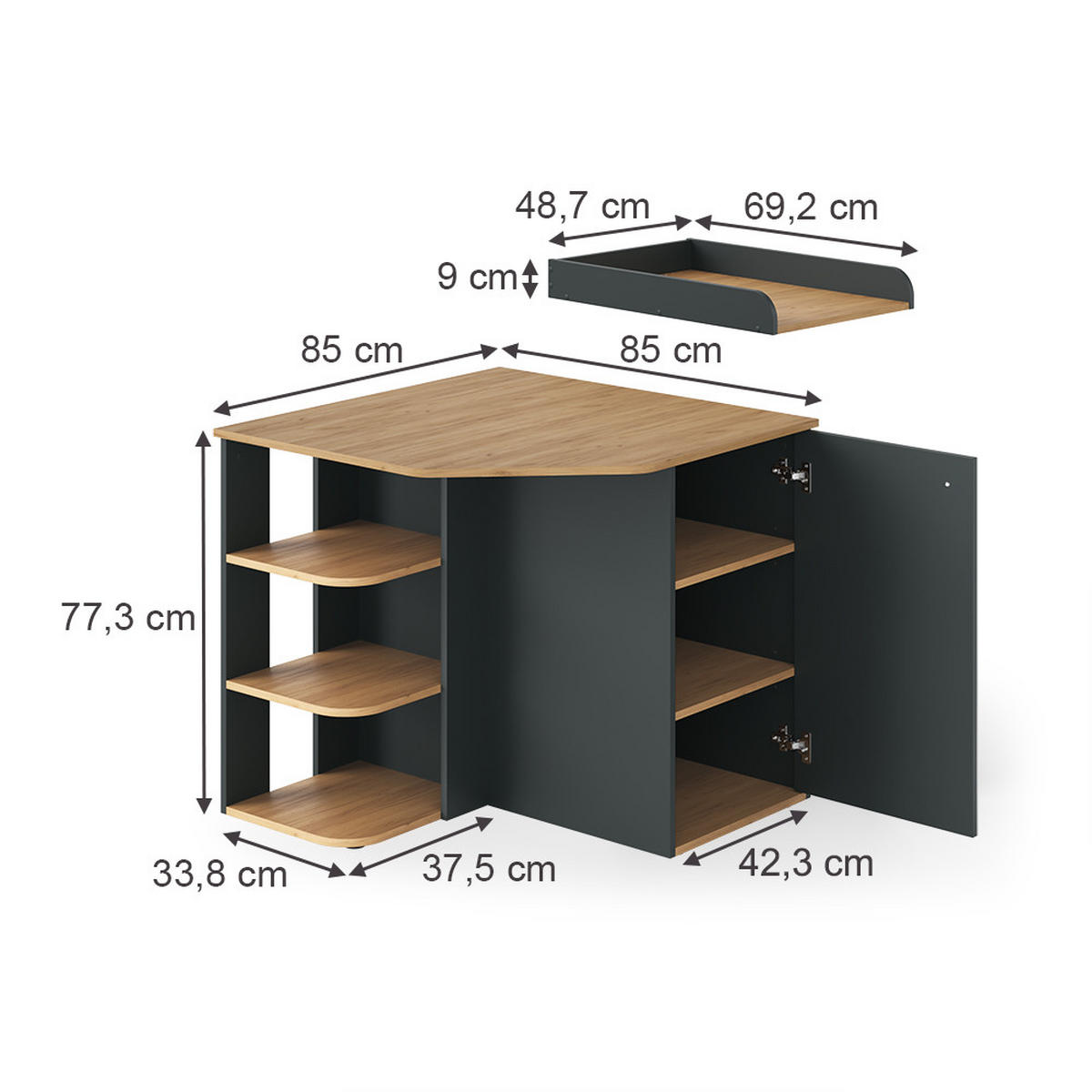 KOMODOVÝ PŘEBALOVACÍ STŮL Kristian Antracit/Artisan - antracitová, kompozitní dřevo (85/77.3/85cm) - Vicco