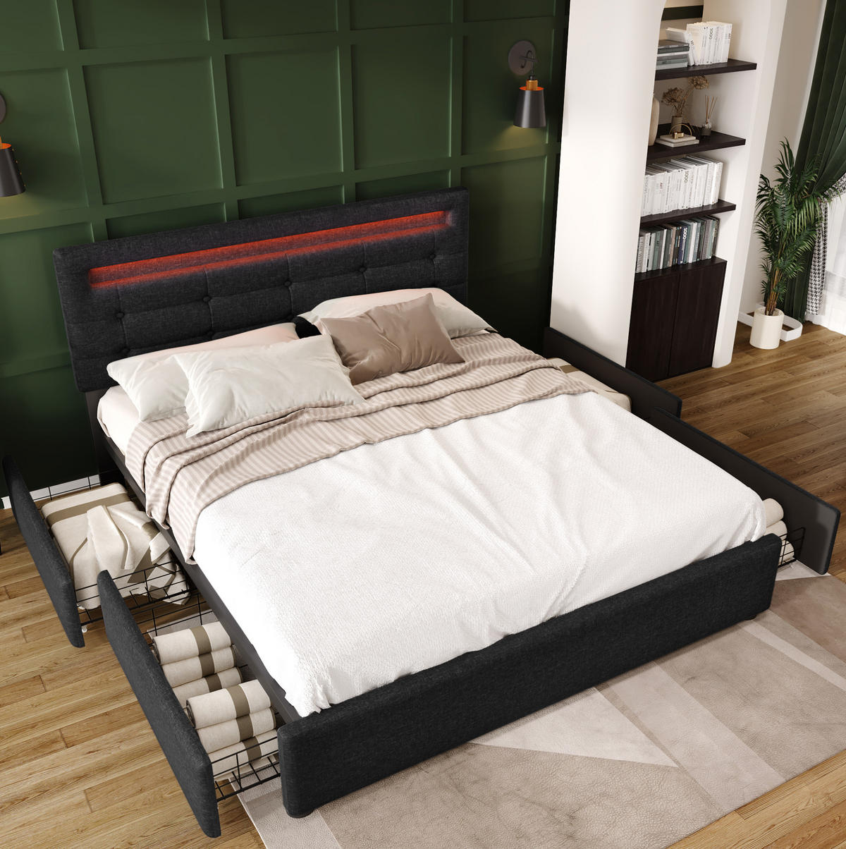 POLSTERBETT 140/200 cm Schwarz mit LED-Beleuchtung und 4 Schubladen - Schwarz, Textil (140/200cm) - Flora Grace