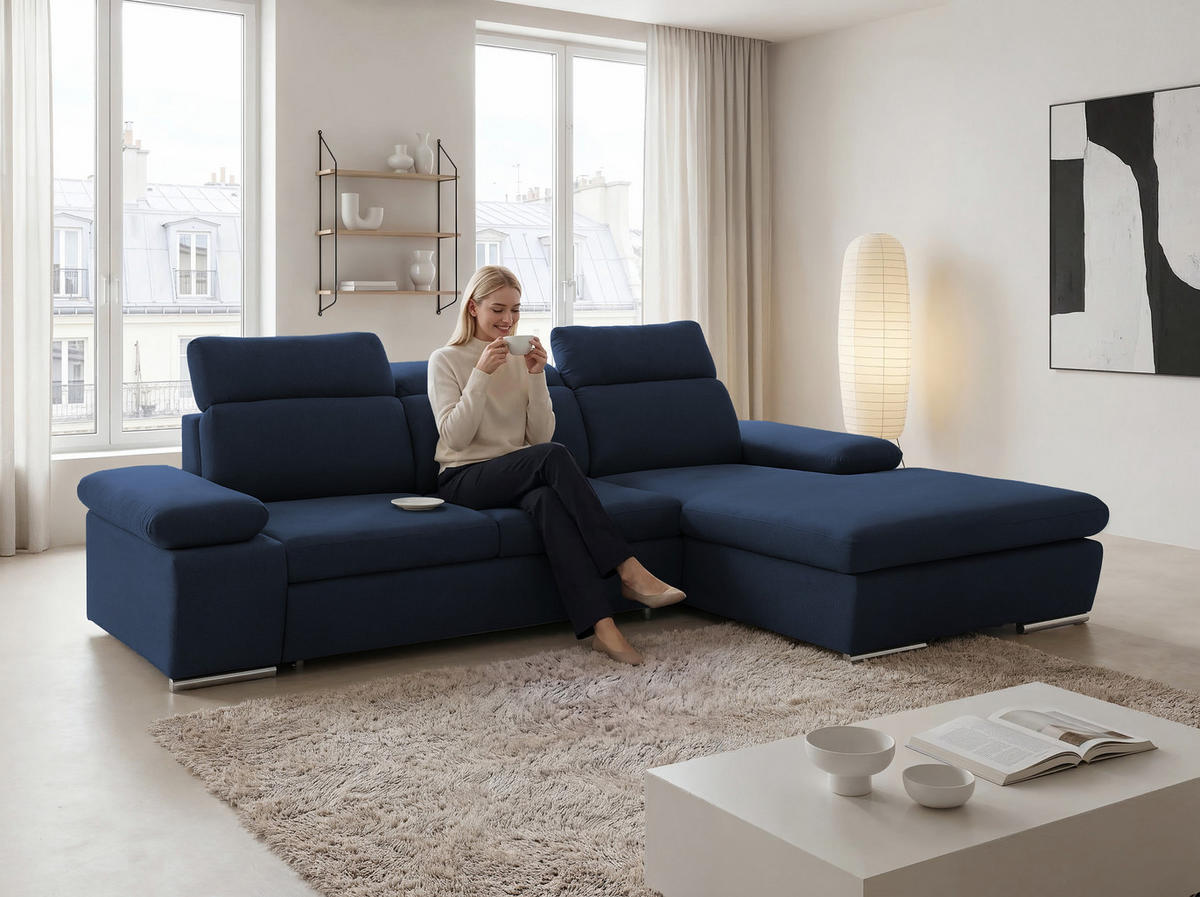 ECKSOFA PABLO mit Schlaffunktion und Bettkasten Marineblau - Dunkelblau, Holzwerkstoff/Kunststoff (250/90cm) - Idohome
