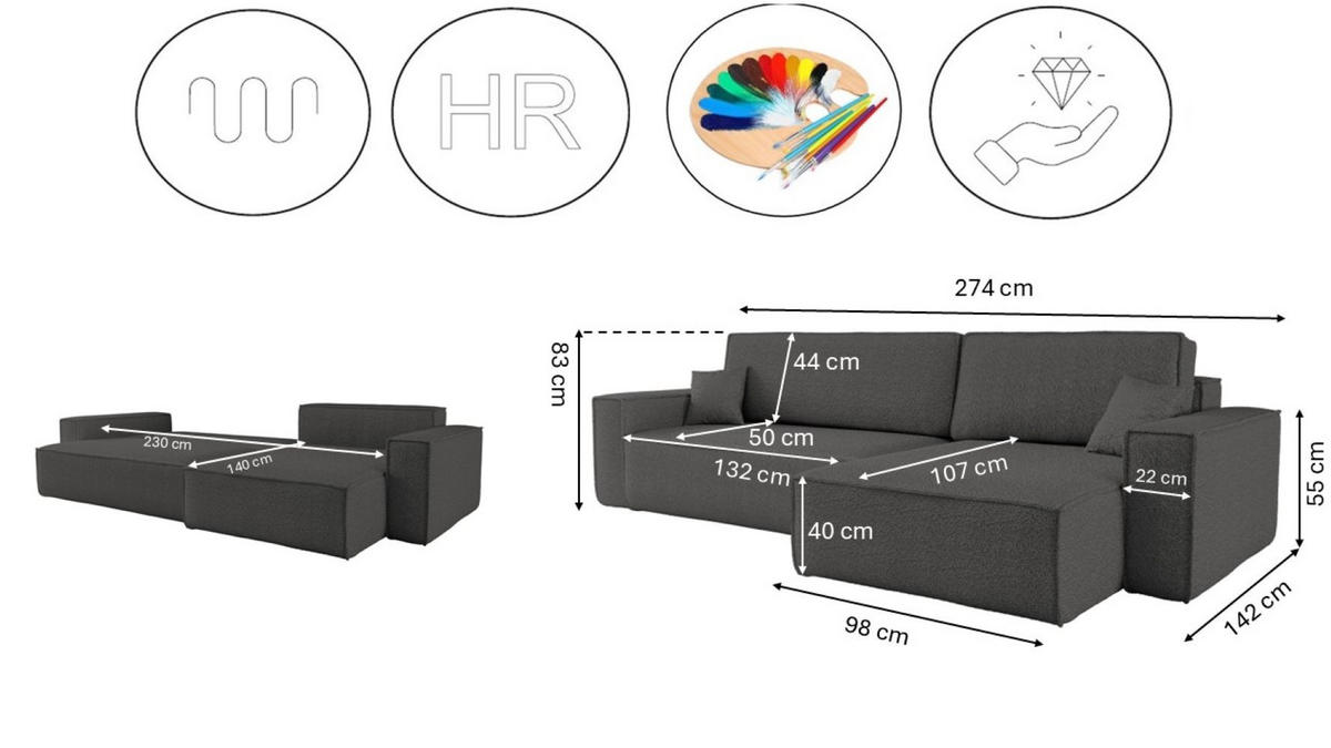 ECKSOFA Mit Schlaffunktion Und Bettkasten, Eckcouch BEST XL Stoff Quelle Graphit Rechts - Schwarz/Graphitfarben, Holz/Kunststoff (142/142cm) - Kaiser Möbel