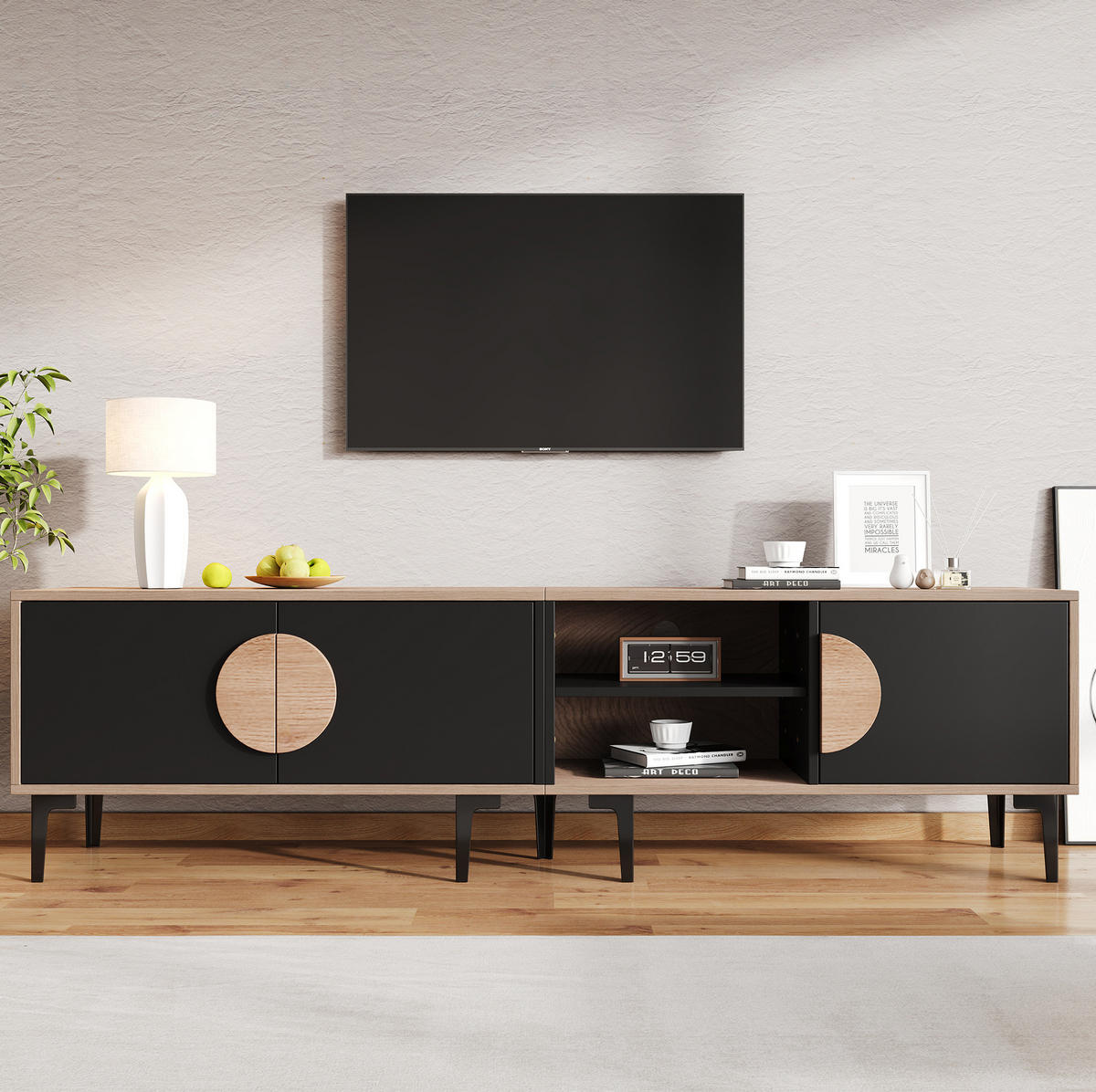 TV-LOWBOARD 180/35/49 cm mit 3 Türen und offenen Fächern - Schwarz, Holzwerkstoff (180/49/35cm) - BEAOK
