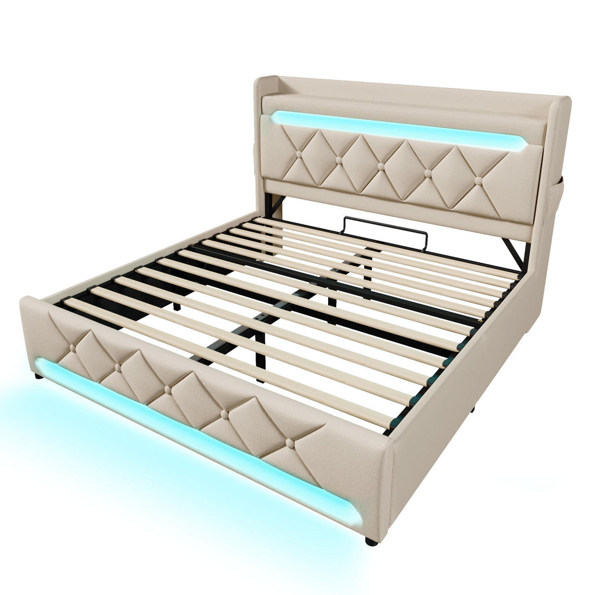 POLSTERBETT 160/200 cm Beige mit USB- und Type-C-Anschlüssen und 360-Grad-LED-Beleuchtung Mit Matratze - Beige, Textil (160/200cm) - OKWISH