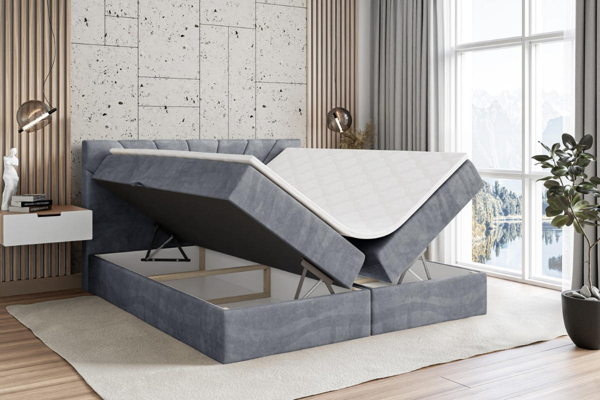BOXBETT mit Matratze H4 und Lattenrost - MILTIO - 160x200 cm - H4 - Grau - Grau, Holzwerkstoff (160/200cm) - ALTDECOR