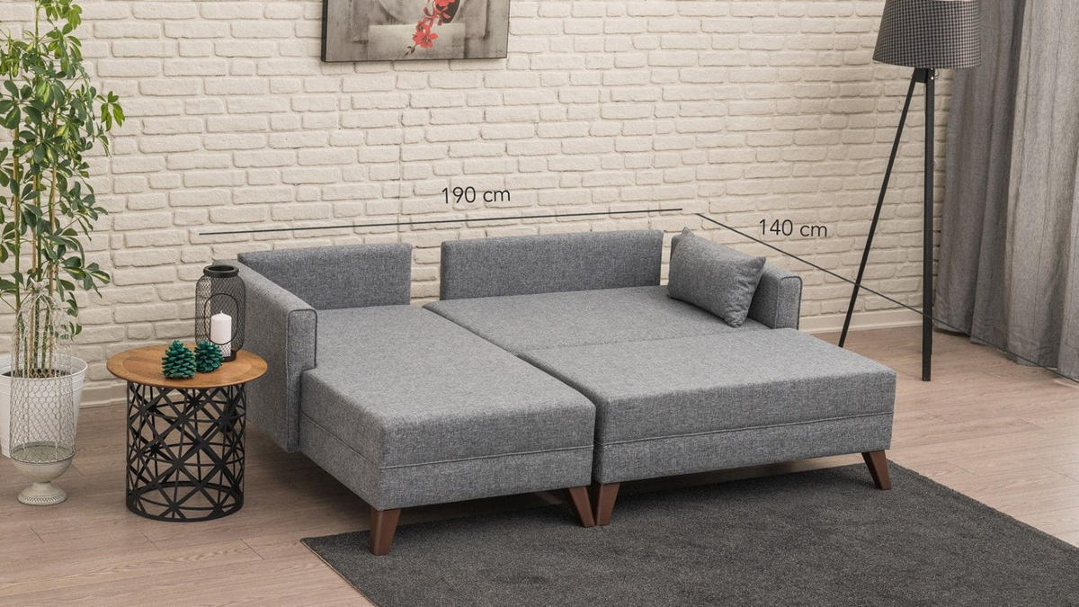 ECKSOFA mit Hocker als Schlaffläche, perfekt für kleine Räume - Walnussfarben/Braun, Holz/Kunststoff (205/140cm) - myHomelando