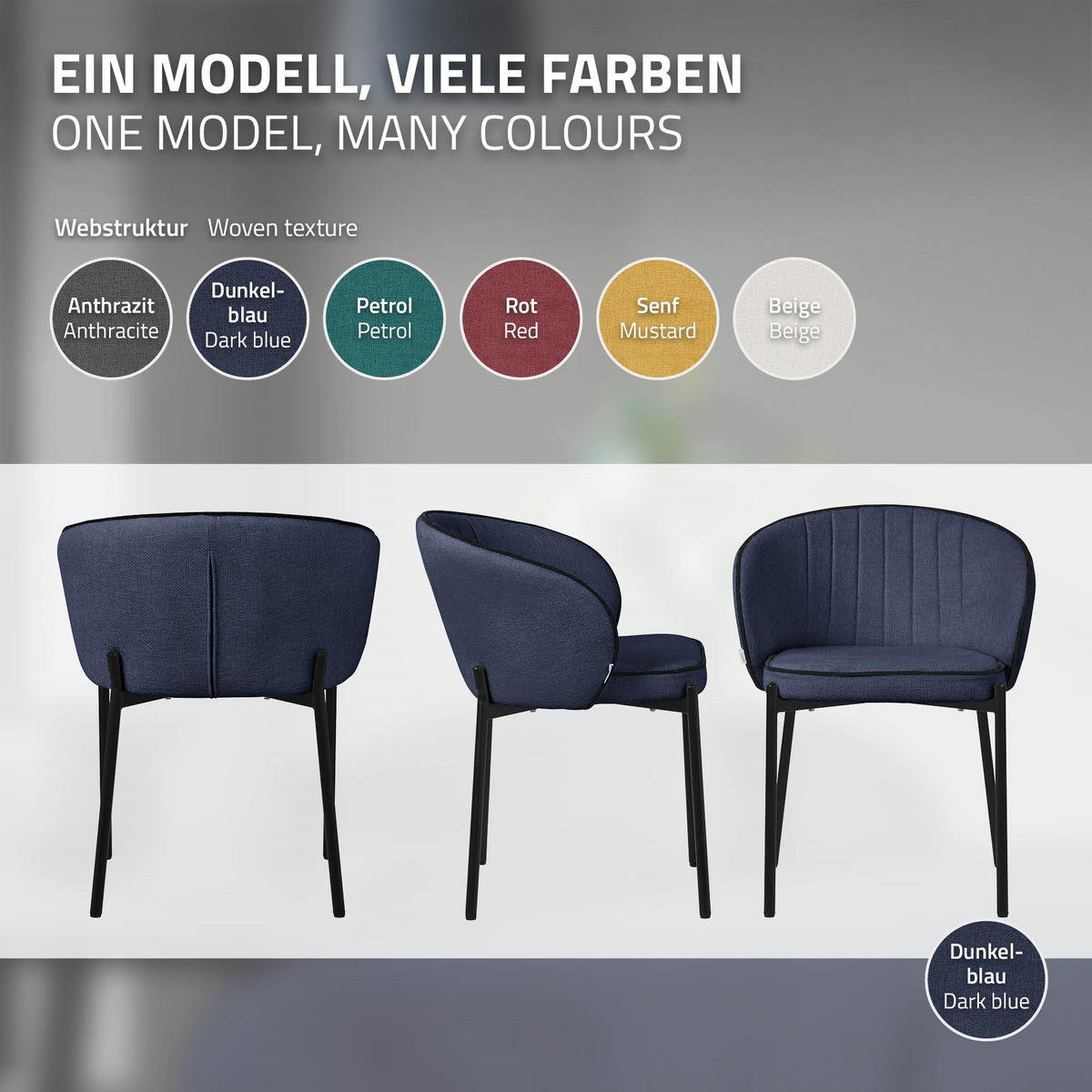 ESSZIMMERSTÜHLE 2er Set Dunkelblau - Schwarz/Dunkelblau, Textil/Metall (60/75/59cm) - ML-DESIGN