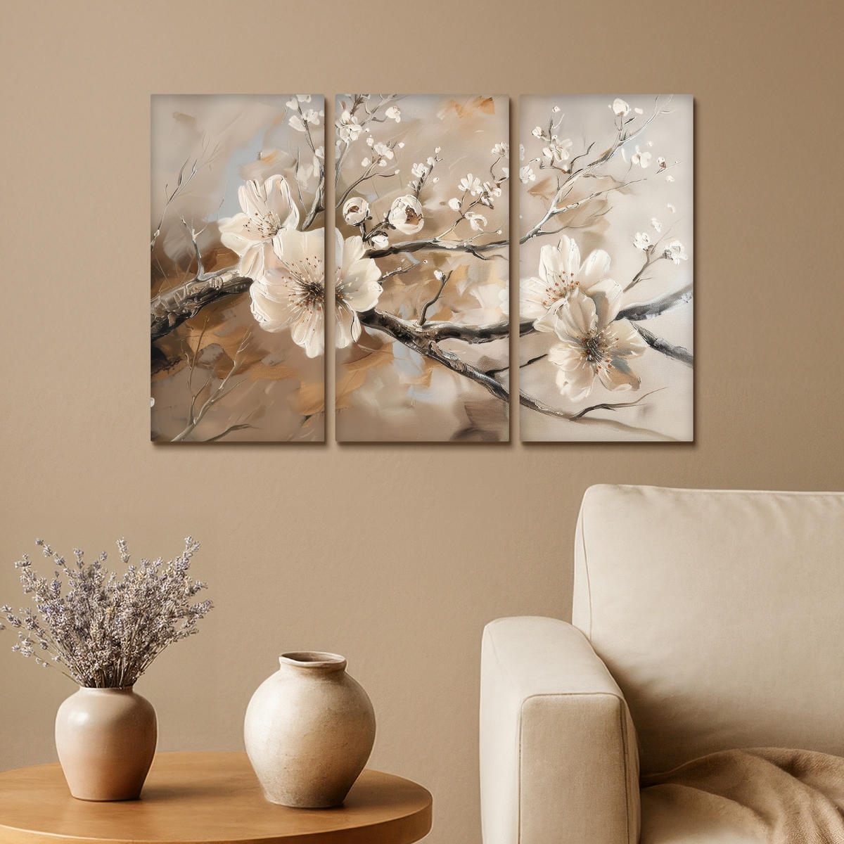 LEINWANDBILD 3er Set Blüte - Beige - Abstrakt - Blumen 60x40 cm - Hellbraun, Textil (60/40cm) - MuchoWow