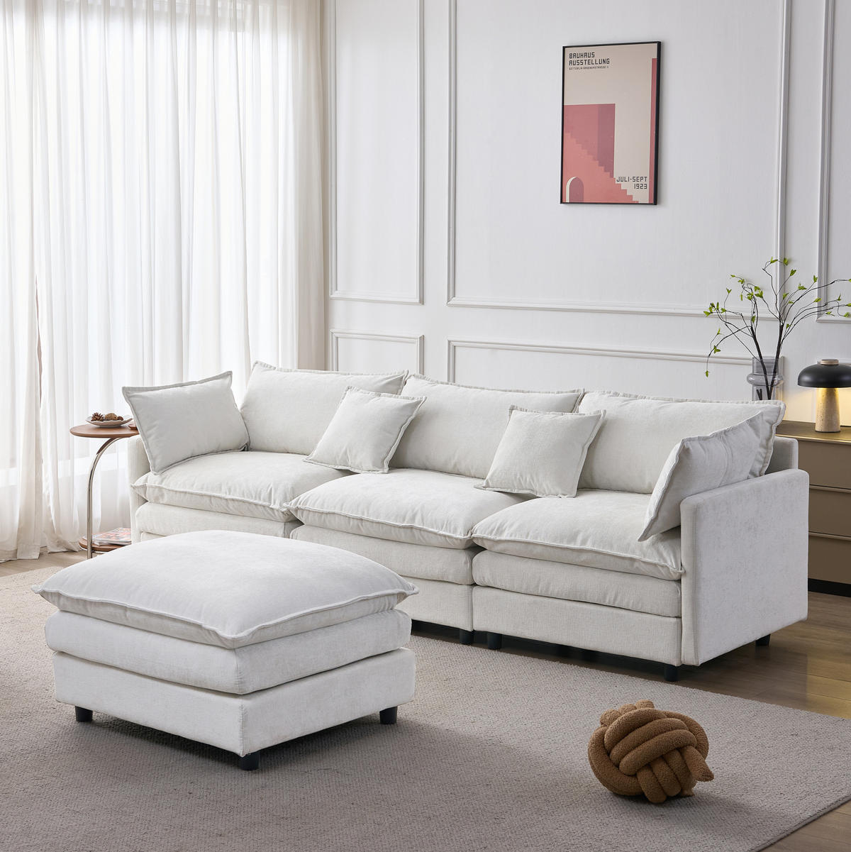 ECKSOFA 272/131/85 cm aus Chenille mit modularem Hocker Beige - Beige, Textil (154/267cm) - Modenvie