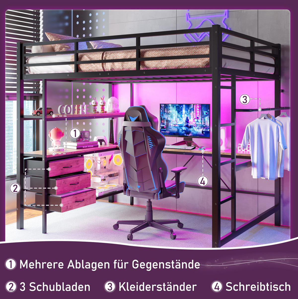 HOCHBETT aus Metall und MDF 140x200 cm Schwarz mit LED-Beleuchtung, Schreibtisch, USB und 3 Schubladen - Schwarz, Metall (90/190cm) - Modfu