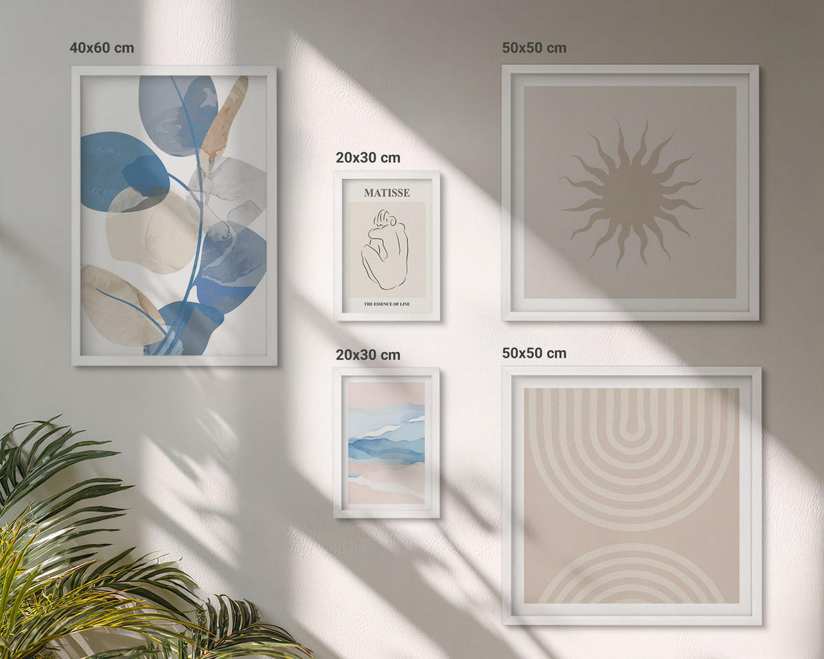 BILDER SET 5er Set - 50x50 cm & 20x30 cm & 40x60 cm Weißer Rahmen - Linien, Wellen, Pastellfarben, minimalistisch - Weiß, Kunststoff (40/60cm) - TULUP