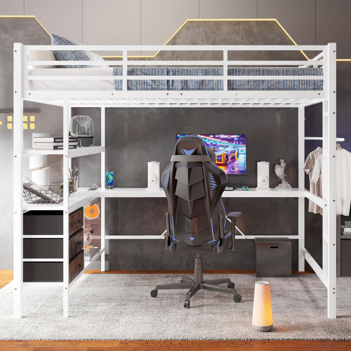 HOCHBETT mit Schreibtisch 140/200 cm in Weiß – mit Treppe, Stauraum und LED - Weiß, Metall (140/200cm) - BEAOK