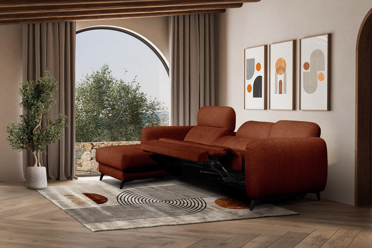 ECKSOFA SVEN 3-Sitzer, 1 Relax XL, verstellbare Kopfstützen, rot - Rot/Schwarz, Holzwerkstoff/Textil (256/163cm) - Courtois Laville