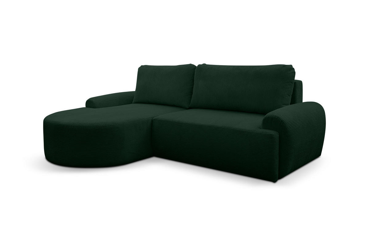ECKSOFA Dream Cord in L-Form mit Schlaffunktion und Bettkasten, Farbe: Grün, Cordstoff, Ottomane Links - Grün, Textil (136/260cm) - VENASI MÖBEL