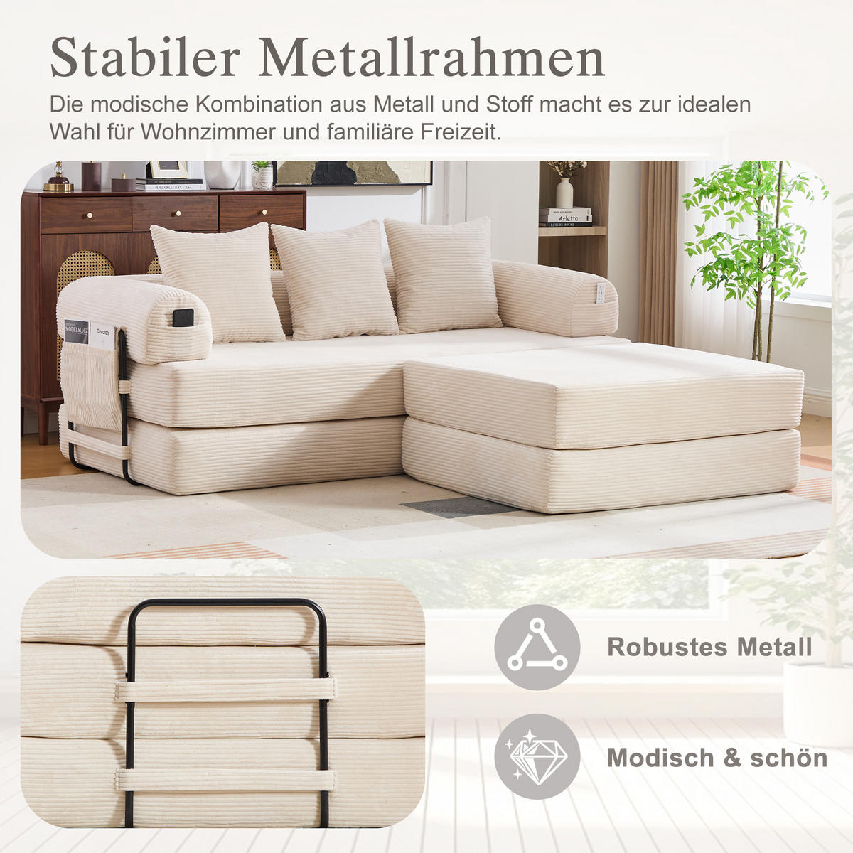 ECKSOFA Cord Beige mit Hocker und Kissen - Beige, Textil/Metall (218/285cm) - WISHDOR