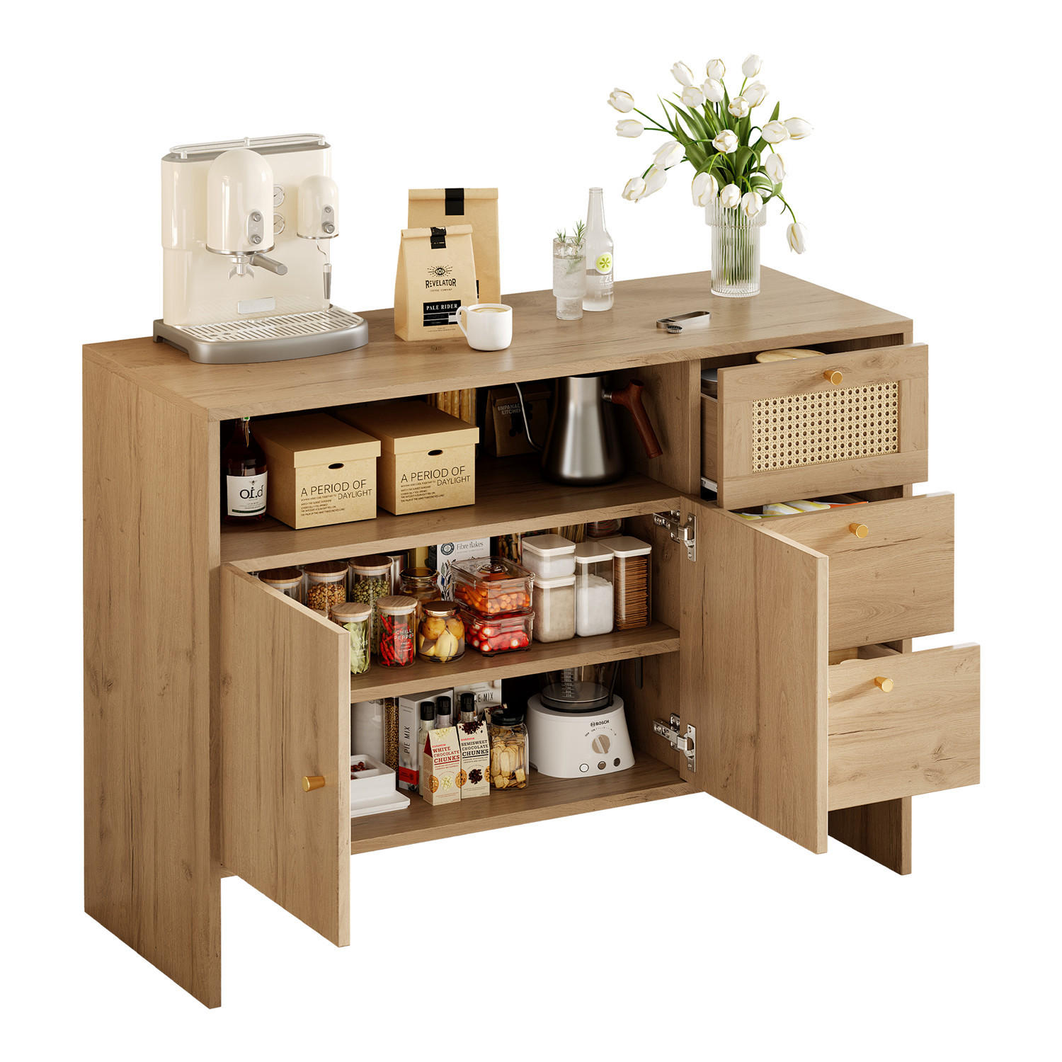 SIDEBOARD 105/76/40 cm mit 2 Türen und 3 Schubladen Rattan - Naturfarben, Holz (105/76/40cm) - Kaket