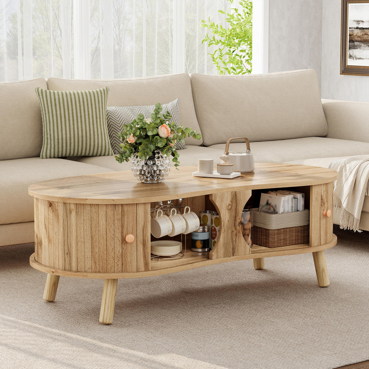COUCHTISCH in Holzoptik Wohnzimmertisch mit Schiebetüren und Massivholzbeine, B108/T50/H37cm - Hellbraun, Holzwerkstoff (50/108/37cm) - STILVORA