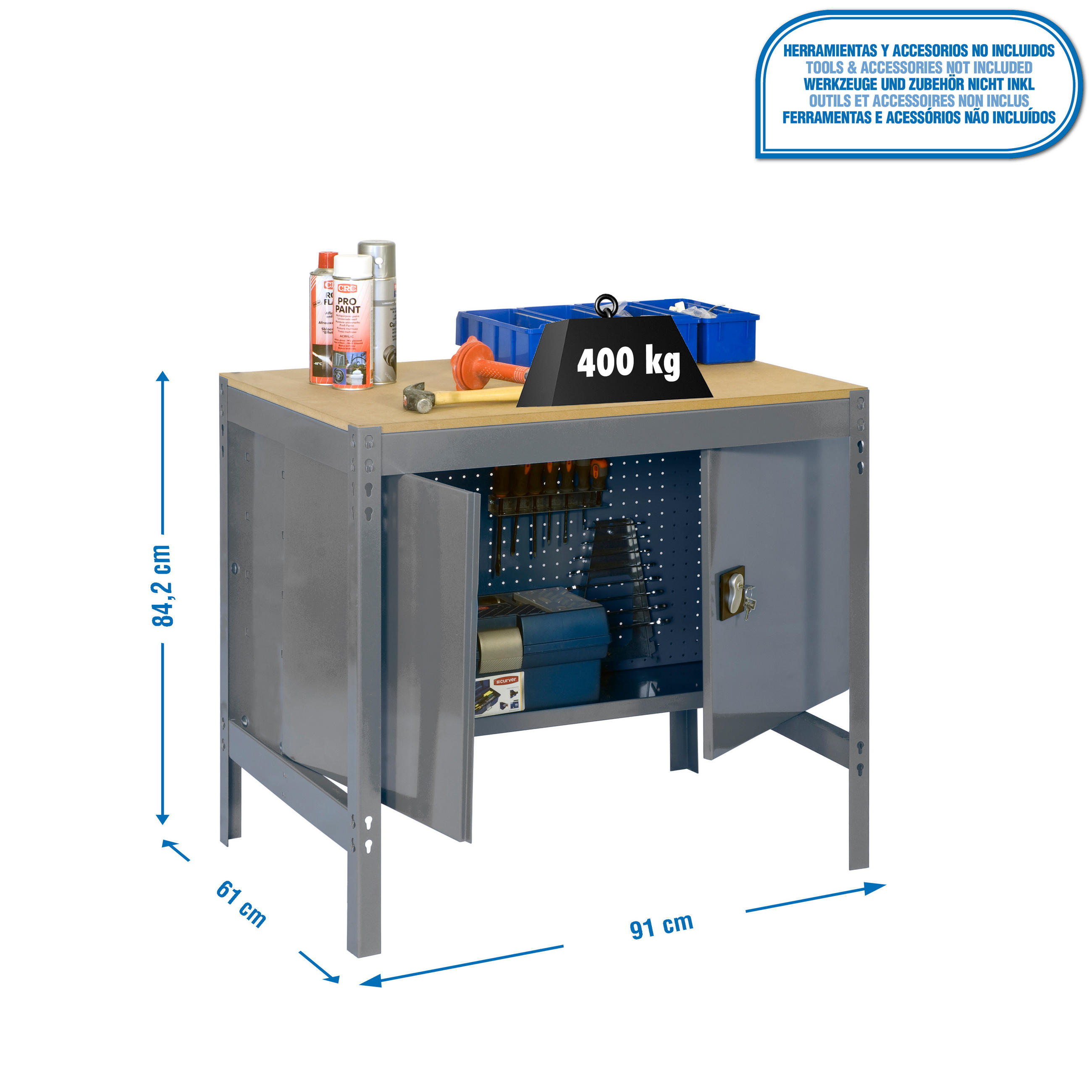 WERKBANK BUFFALO mit Schrank | HxBxT 84x90x61cm | Traglast 400kg | Grau - Grau, Metall (90/84/61cm) - PROREGAL