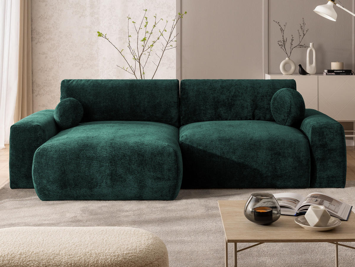 ECKSOFA Puffy mit Schlaffunktion und Bettkasten - besonders weich und puffig aus Grün Stoff mit Chenillestruktur - Ottomane links - Schwarz/Grün, Holz/Kunststoff (138/266cm) - S-Style Möbel