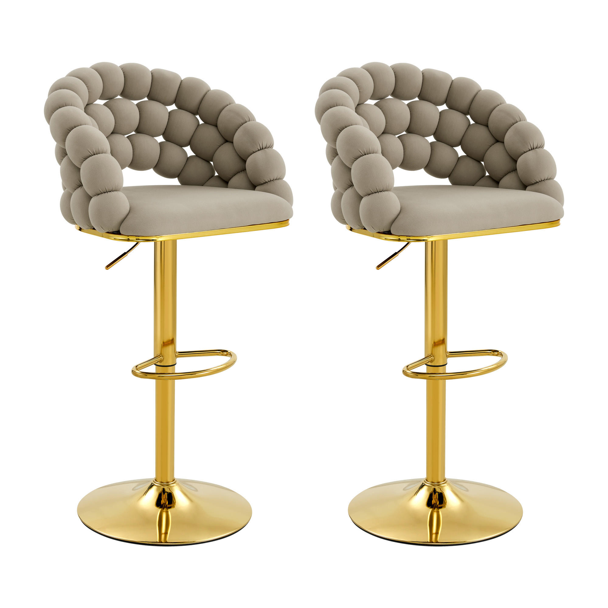 BARHOCKER 2er-Set aus Samt mit Gold-Gestell, Kugelketten-Rückenlehne und höhenverstellbar - Grau, Textil (45/112/52cm) - Urban Meuble