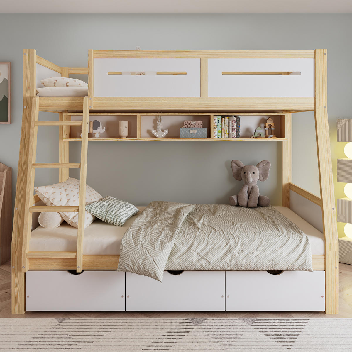 ETAGENBETT 90/200 cm & 120/200 cm in Weiß & Natur mit 3 Schubladen, Bücherregal und Trittleiter - Weiß/Naturfarben, Holz/Holzwerkstoff (90/200cm) - CHICFURN