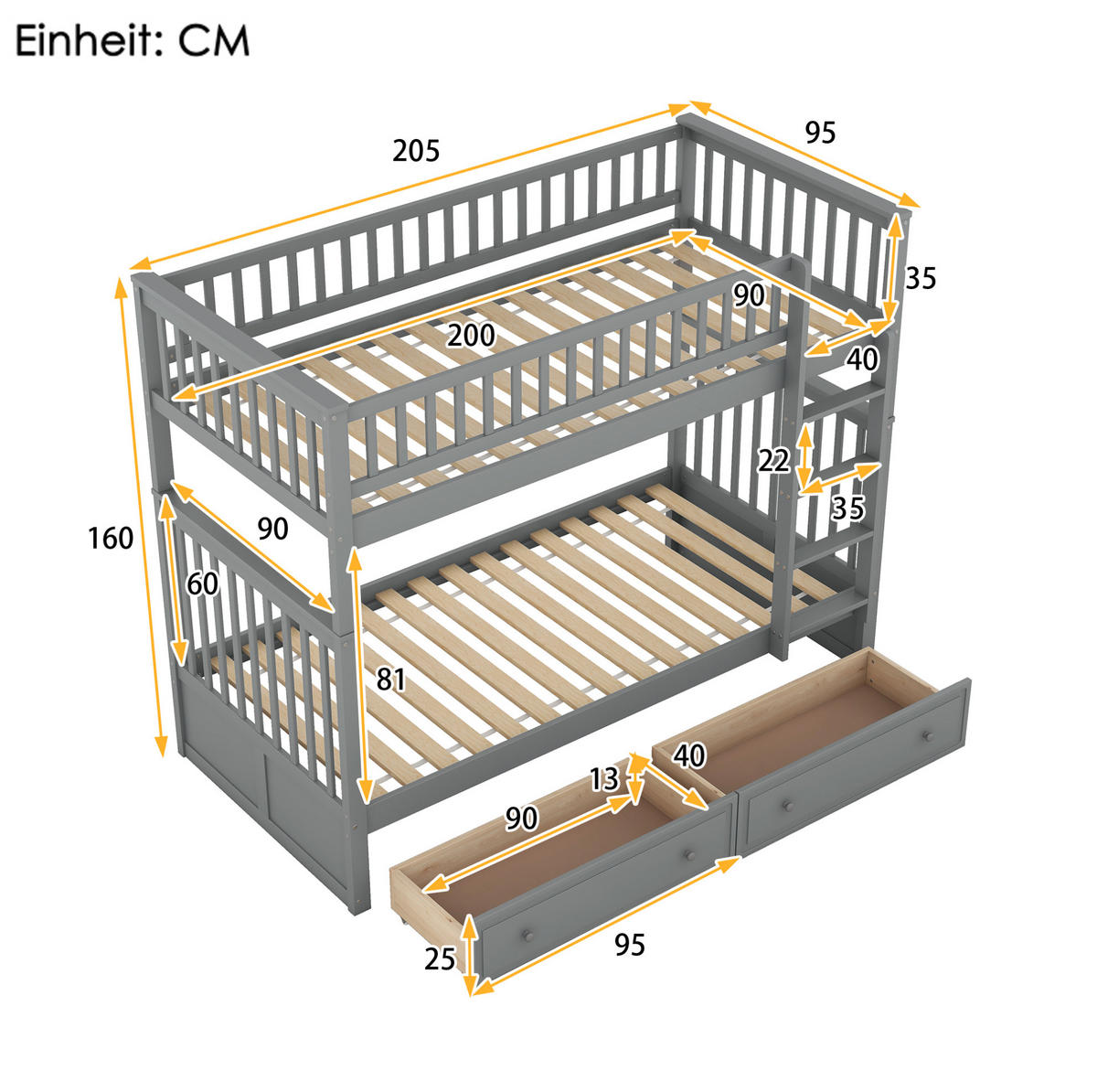 ETAGENBETT aus Kiefernholz und MDF 90x200 cm Grau mit 2 Schubladen und Umbaufunktion zu 2 Einzelbetten - Grau, Holzwerkstoff (90/200cm) - Modfu