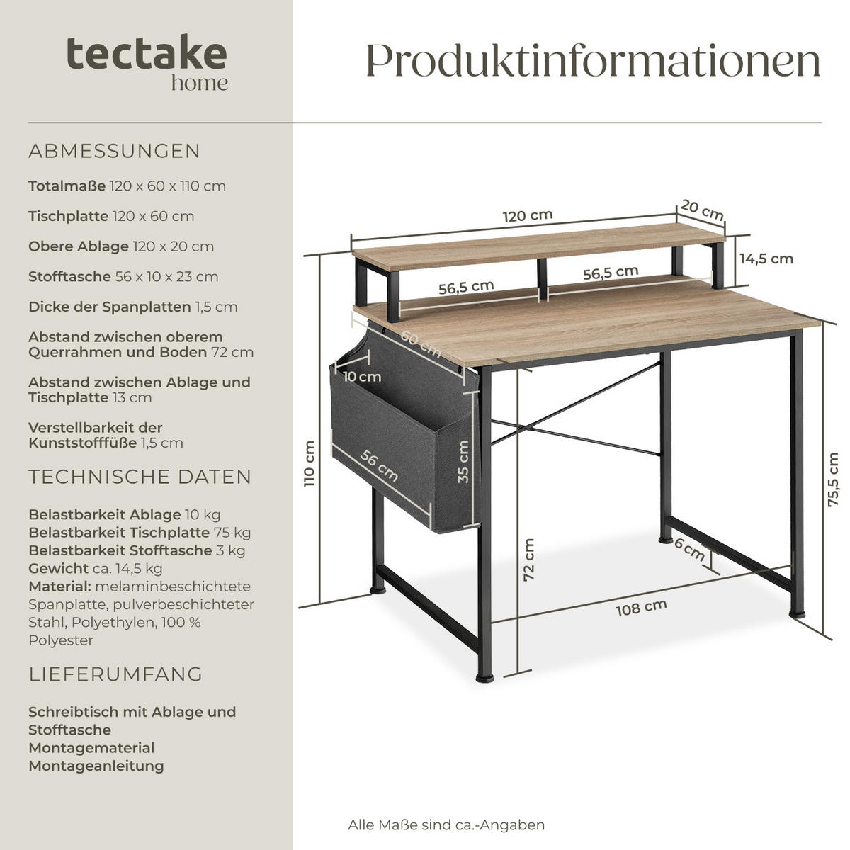 SCHREIBTISCH Thornton, 120 x 60 x 110 cm, Industrial Holz hell, Eiche Sonoma - Naturfarben, Holzwerkstoff (60/120/90cm) - tectake