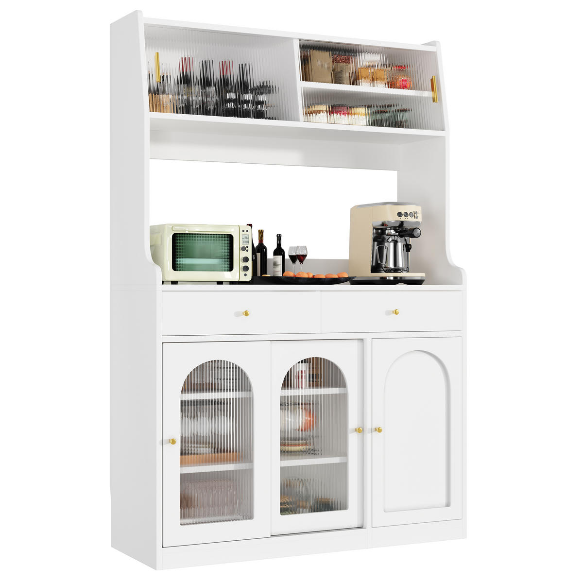 KÜCHENSCHRANK 120x40x180 cm, 2 Schubladen, LED-Beleuchtung, Glastüren, Weiß - Weiß, Holzwerkstoff (120/180/40cm) - FOHERE
