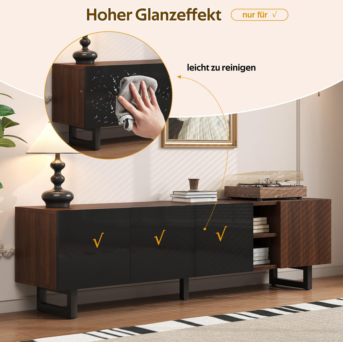 TV-SCHRANK 180/38/50 cm schwarz/natur aus MDF mit 4 Türen - Hellbraun, Holzwerkstoff (180/50/38cm) - OKWISH