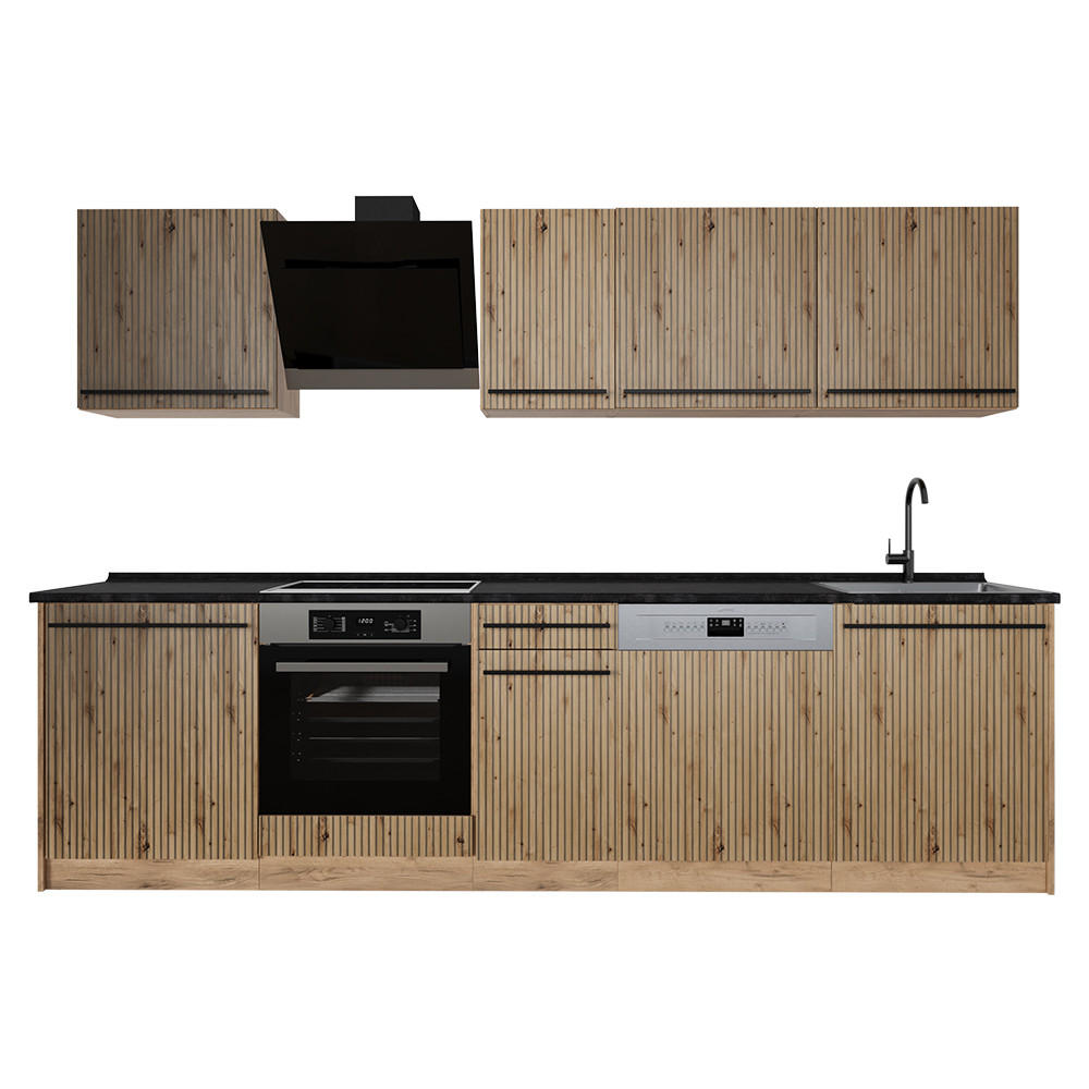 KÜCHENZEILE R-Line, Artisan-Eiche/Goldkraft Eiche, 280 cm Arbeitsplatte Anthrazit - Honigeiche/Eiche Artisan, Holzwerkstoff (280/206.8/60cm) - Vicco