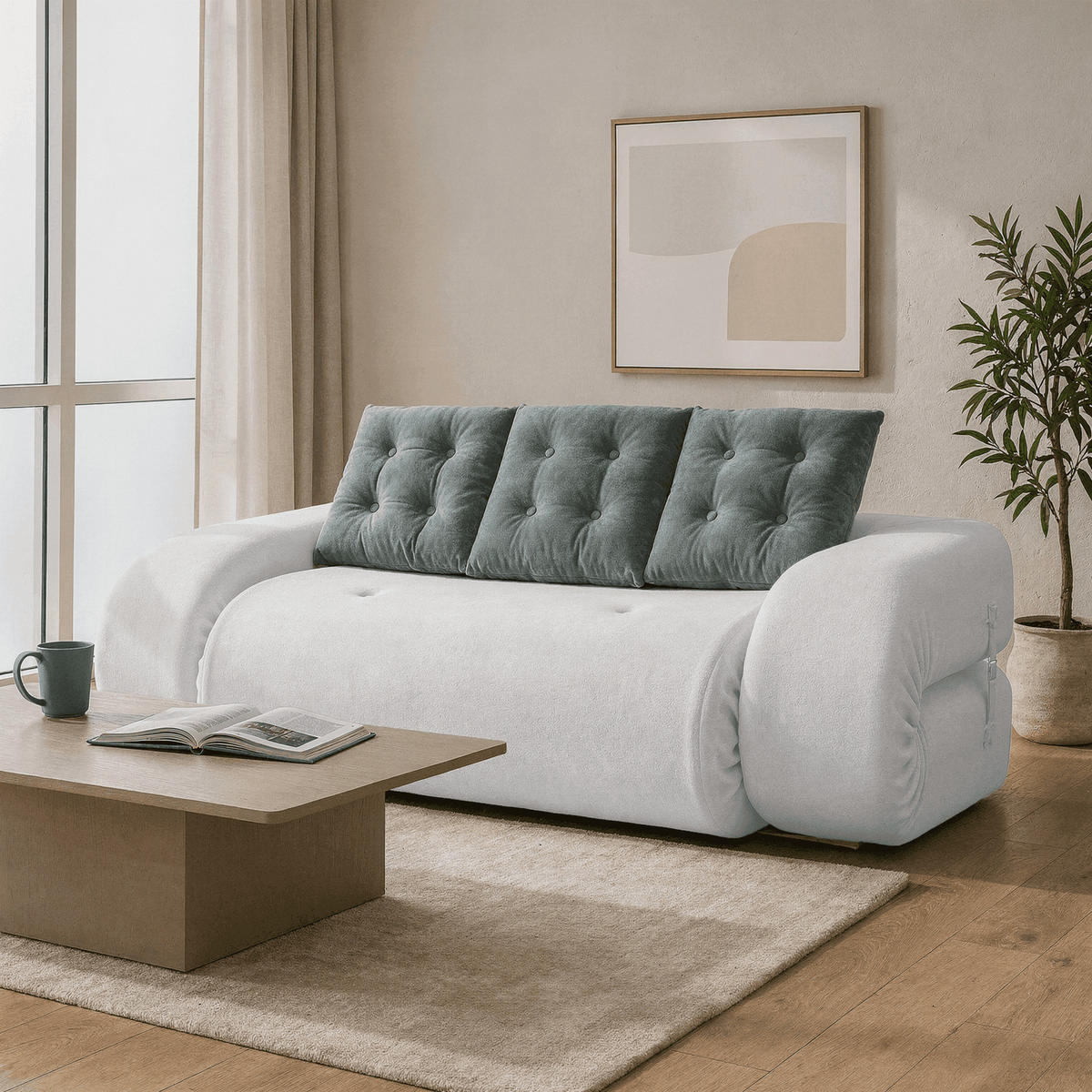 SCHLAFSOFA Okoa 2-Sitzer - Weiß und Salbei - Weiß, Textil (160/60/120cm) - COCO Living