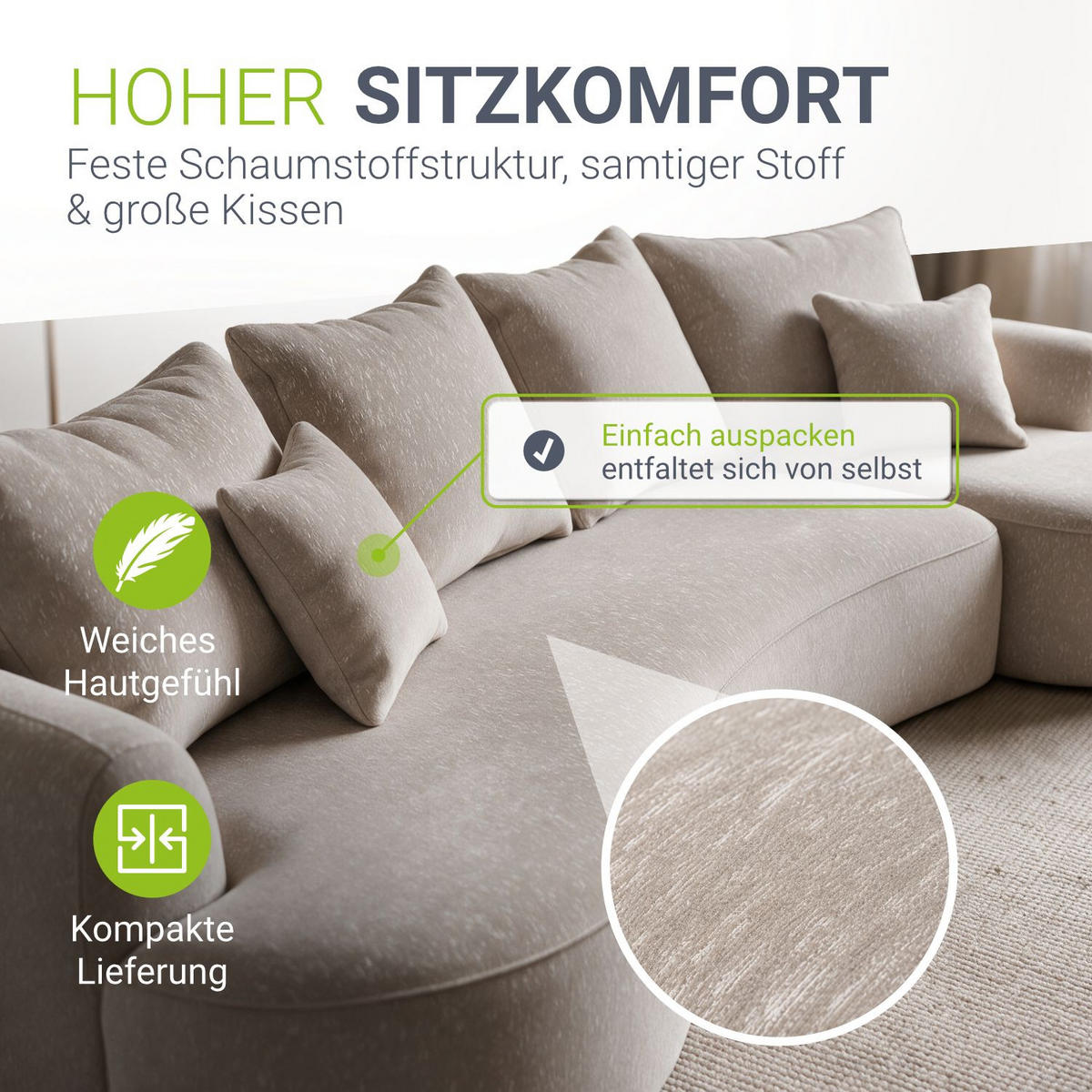 SOFA Tirano Samt Beige mit Ottomane rechts - Beige, Textil (300/102cm) - Juskys
