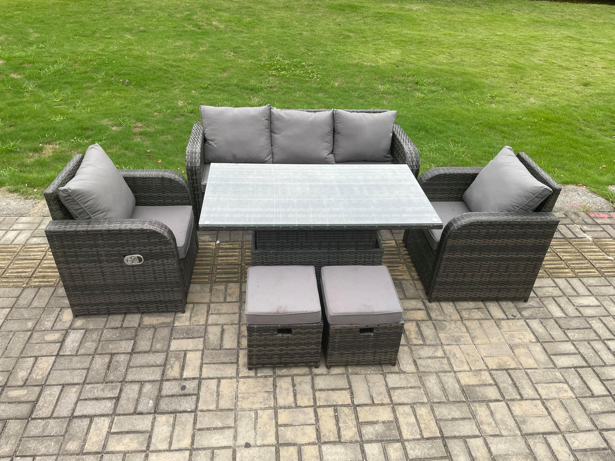 GARTENMÖBELSET mit Höhenverstellbarer Esstisch Polyrattan 7-Sitzer Grau - Dunkelgrau/Grau, Glas/Kunststoff - Fimous