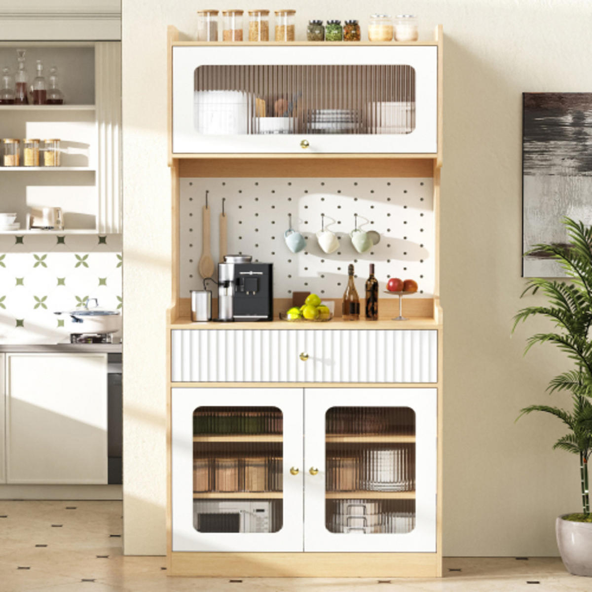HIGHBOARD mit Riffelglas & LED-Beleuchtung, weiß-natur 80×40×180 cm aus MDF und Spanplatte - Weiß, Holzwerkstoff (80/180/40cm) - Luhomfu