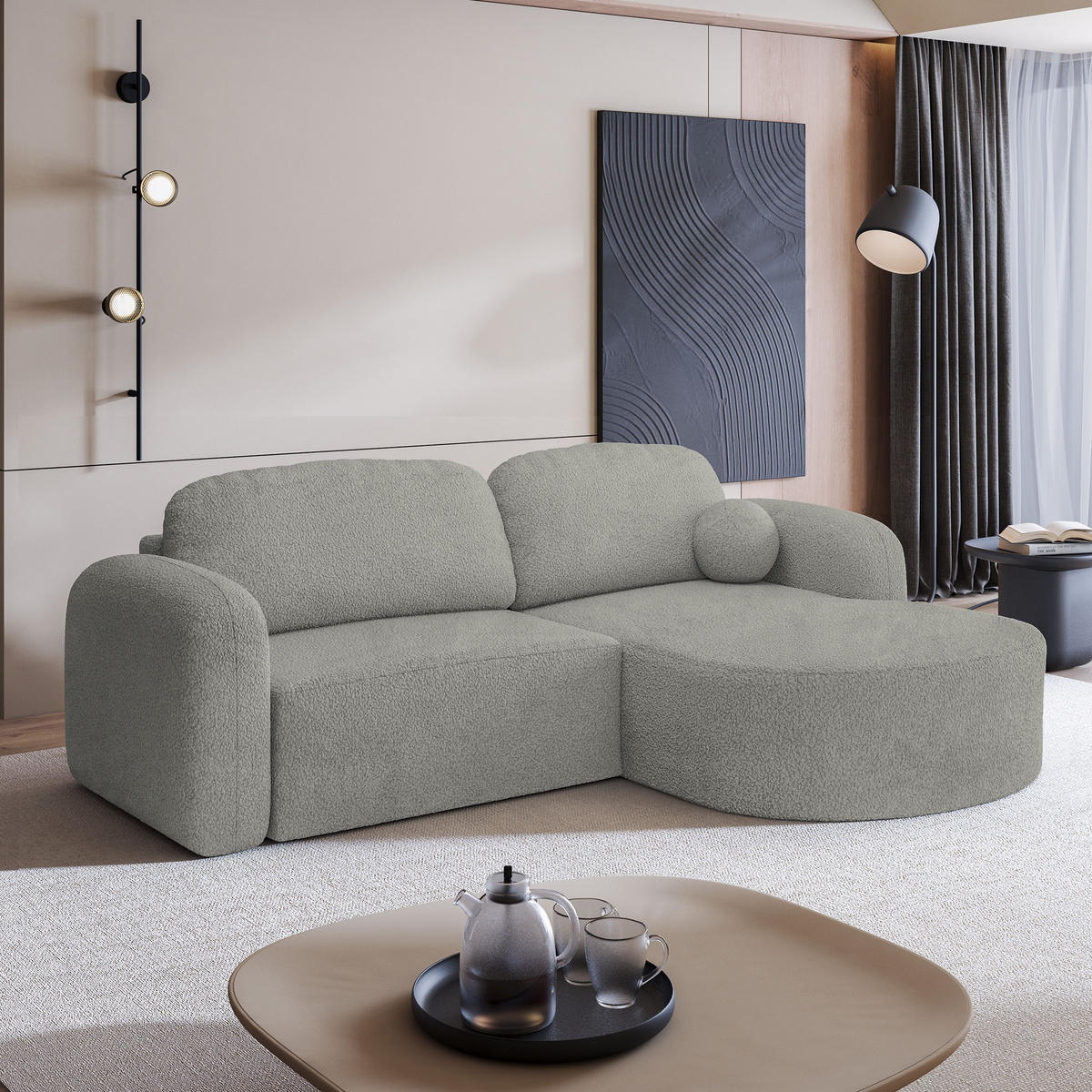 ECKSOFA AMILIA R-S Hellgrau Boucle-Stoff mit Schlaffunktion - Hellgrau, Holz (263/174cm) - MASSENO