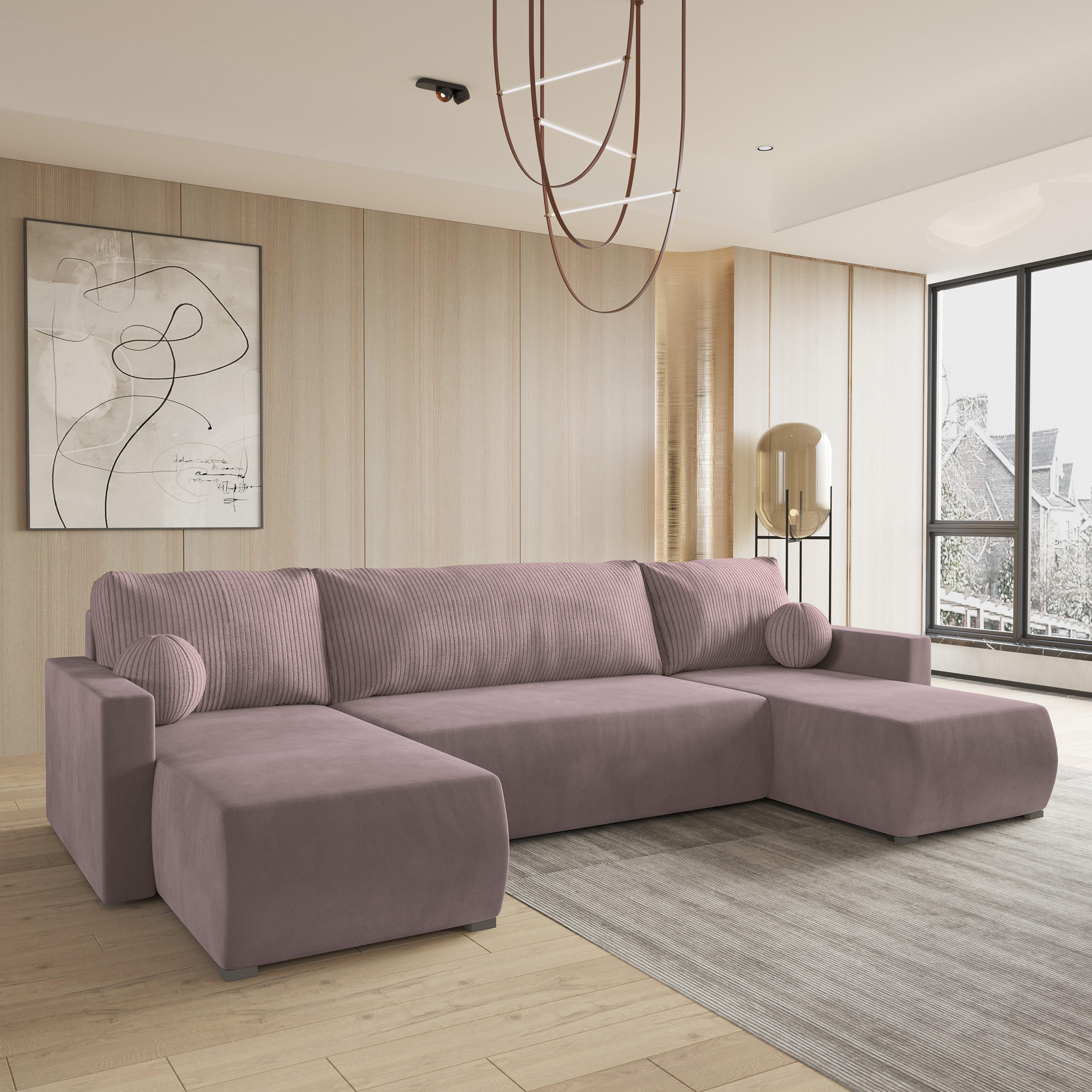 WOHNLANDSCHAFT TESSUN Rosa Plüsch-Stoff mit Schlaffunktion - Rosa, Holz (286/85/143cm) - MASSENO