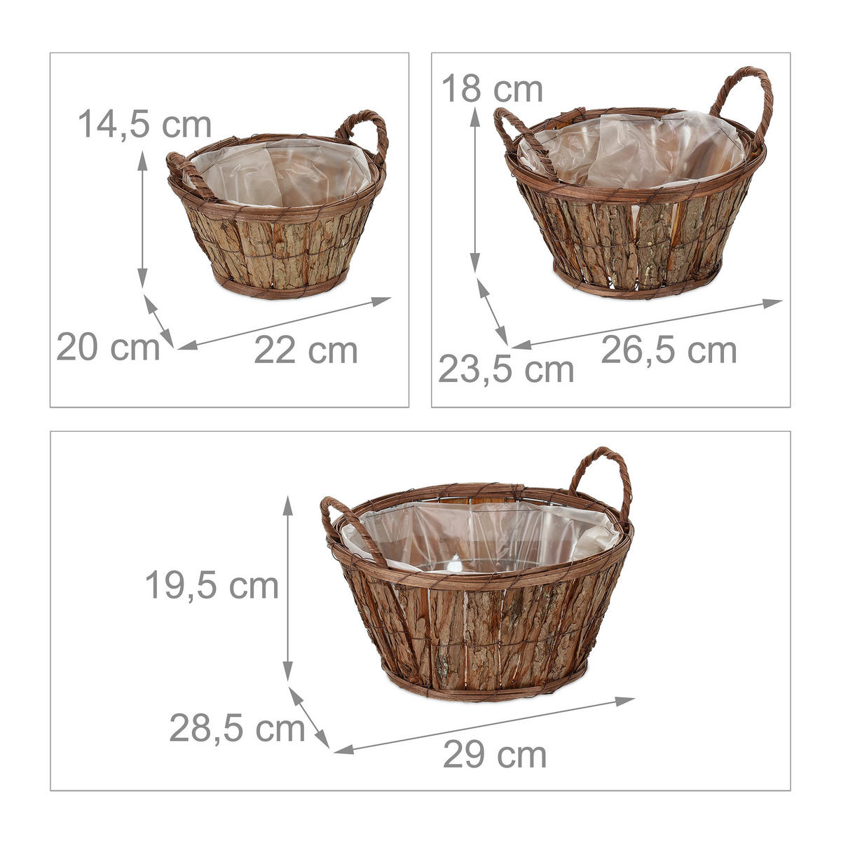 3XBLUMENTOPF - Braun, Holz/Kunststoff (29/19.5/28.5cm) - Relaxdays