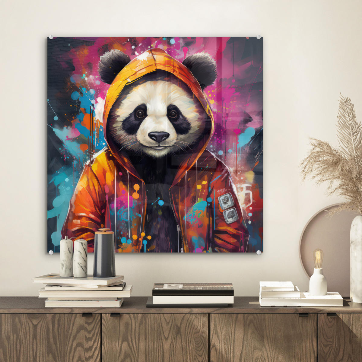 ACRYLGLASBILD Panda - Jacke - Graffiti - Orange 50x50 cm - Orange, Glas (50/50cm) - MuchoWow