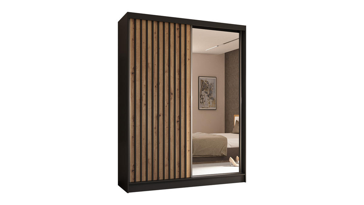 KLEIDERSCHRANK mit Spiegel-Schiebetüren und Aluminium-Leisten, LED-Beleuchtung - LAMELO- 160 cm Schwarz+Artisan+Schwarz - Schwarz, Holzwerkstoff (160/216/61cm) - ALTDECOR