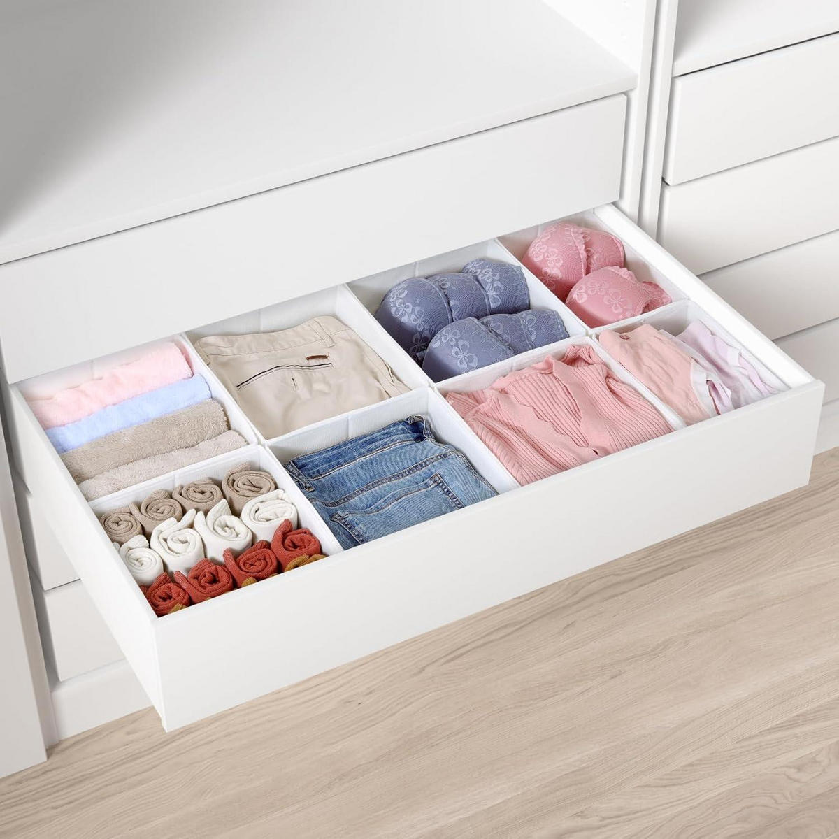 SCHUBLADEN Organizer 8er Set für PAX Kleiderschrank 100x58 cm Weiß - Multicolor, Textil (24/11/26cm)