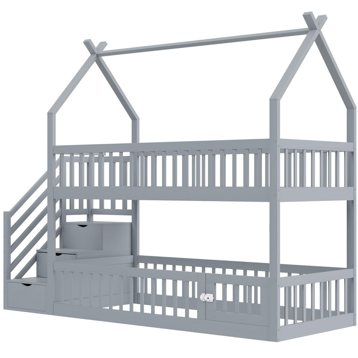 ETAGENBETT 90/200 cm Grau mit Dach, Sicherheitstreppe und Stauraumschubladen - Grau, Holz (90/200cm) - MIVRAY