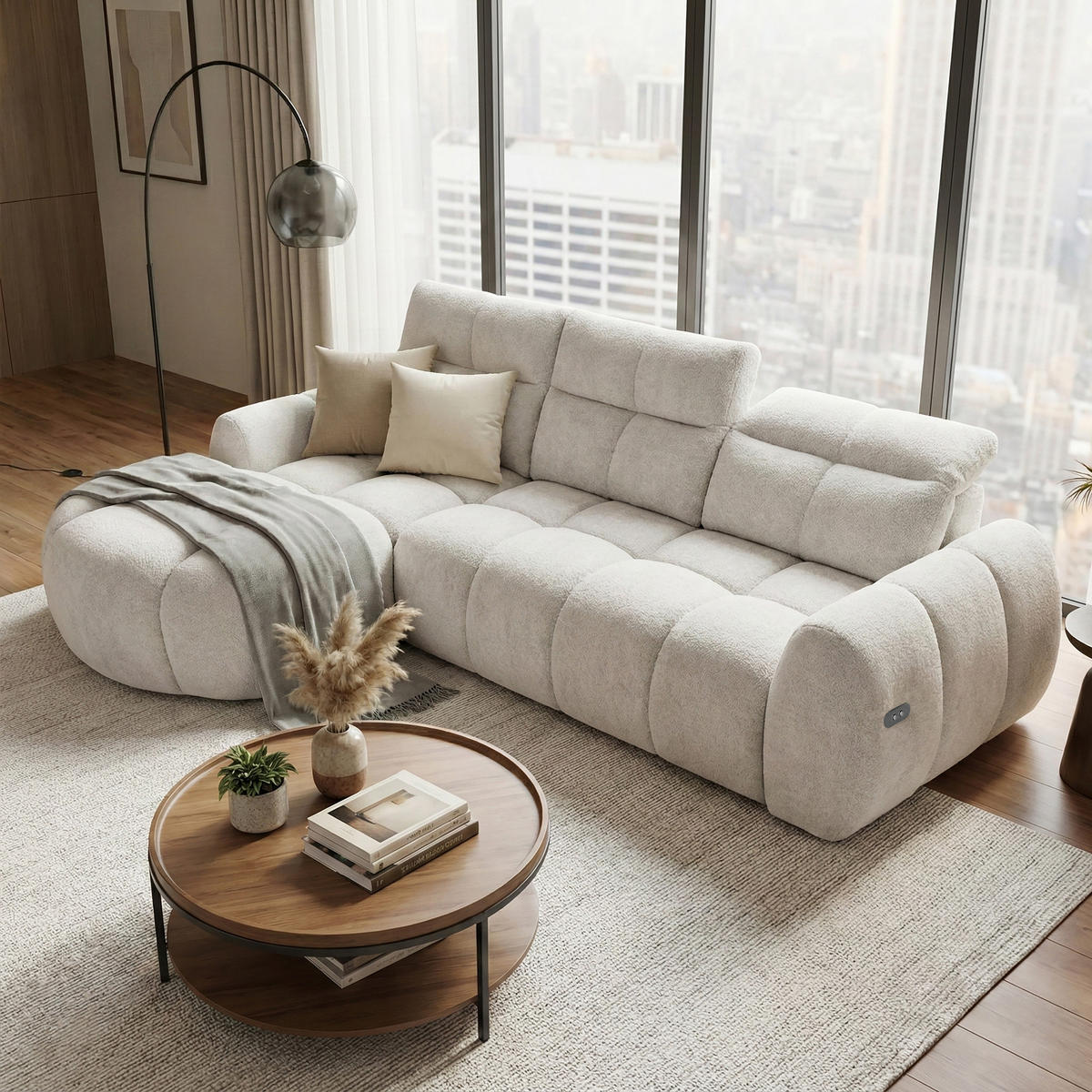 ECKSOFA Sorel Mini mit Automatisch verstellbarer Sitztiefe und Kopfstützen, links, Hellbeige - Beige, Textil (190/275cm) - Beautysofa