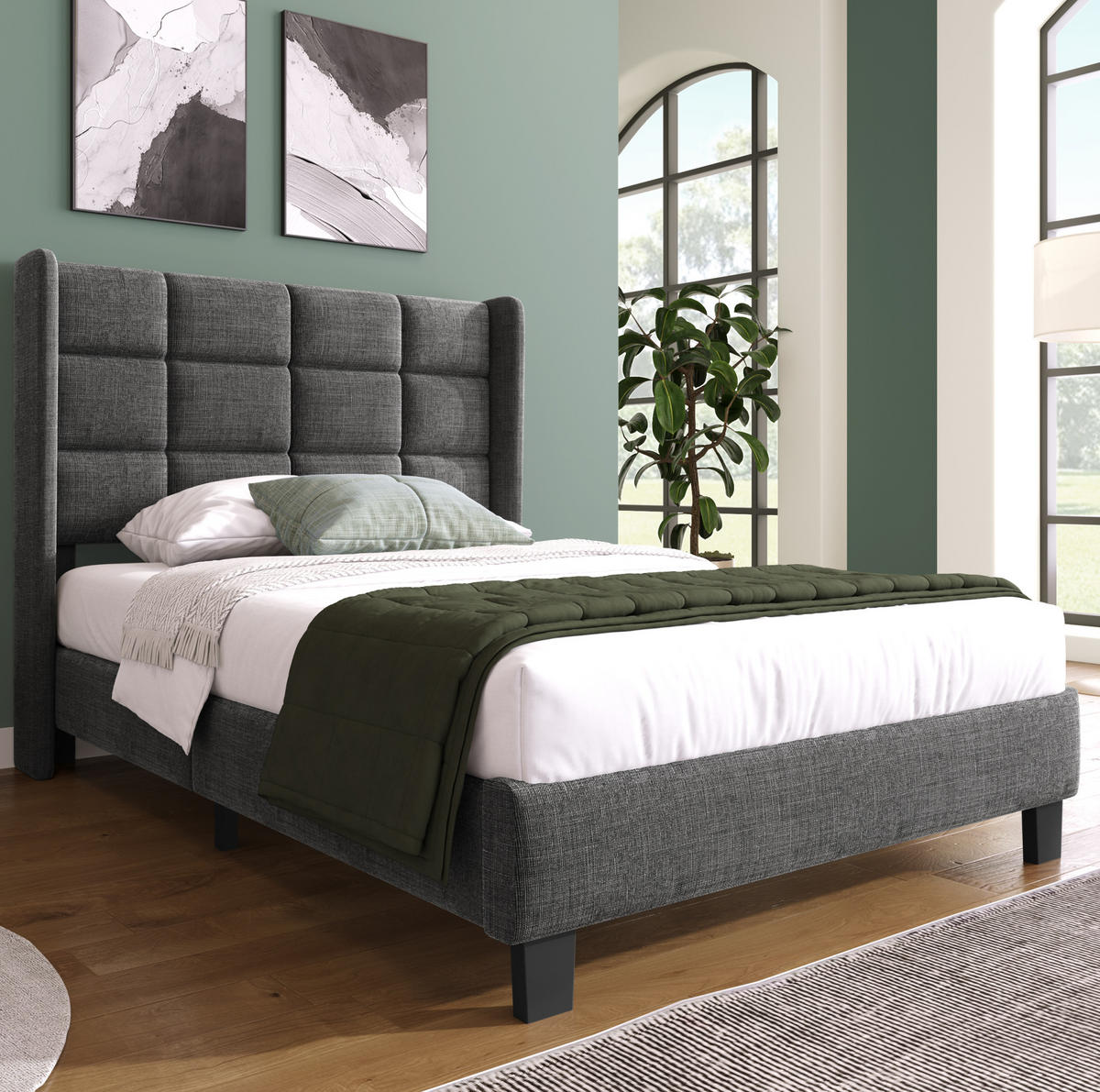 POLSTERBETT 90/200 cm mit Lattenrost, gepolstertes hohes Kopfteil, Grau - Grau, Textil (90/200cm) - Redom