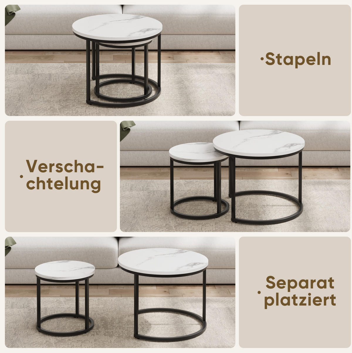 COUCHTISCH-SET 60/60/45 cm & 40/40/40 cm in Weiß mit Metallgestell, 2-teilig - Weiß, Holzwerkstoff (60/60/45cm) - Flora Grace