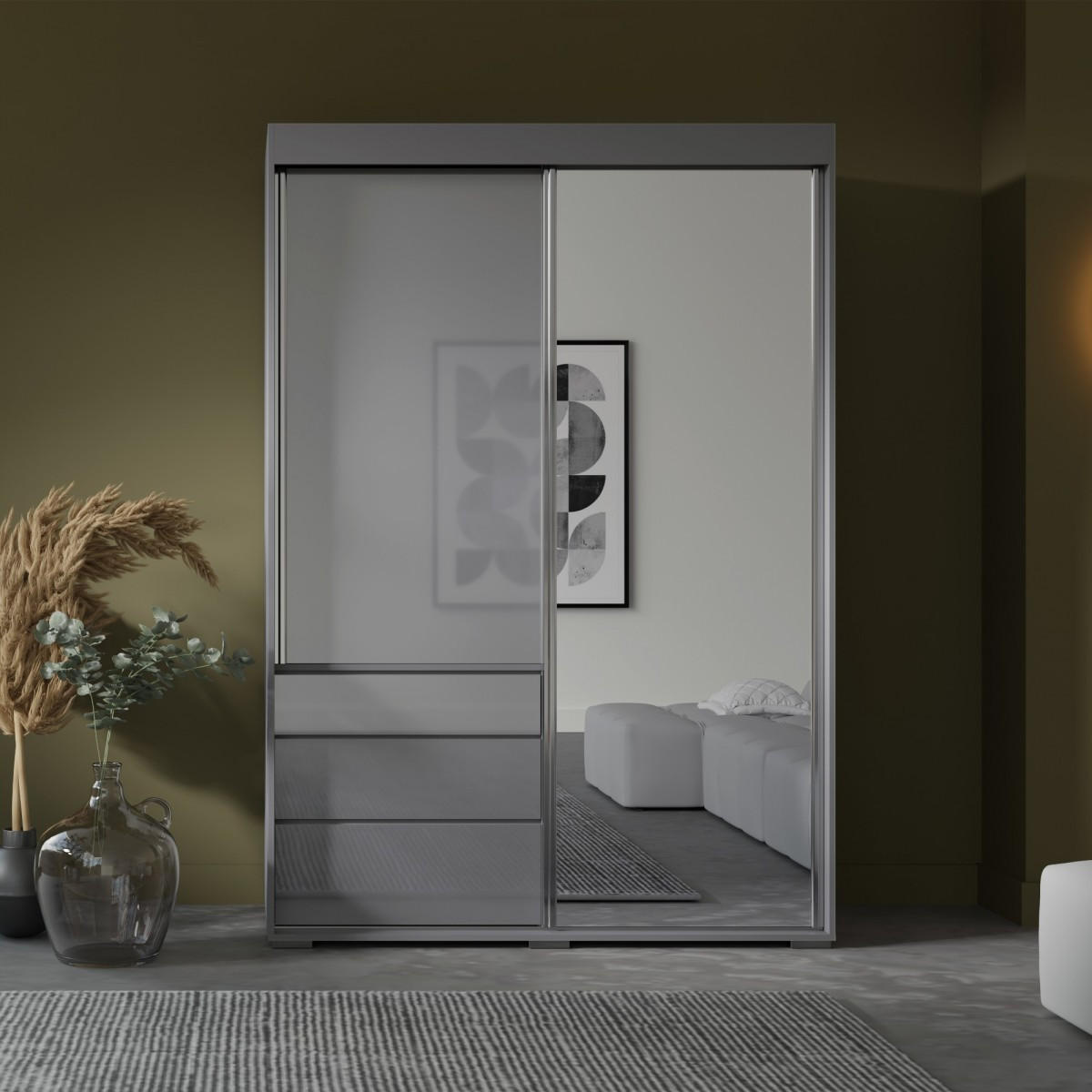 SCHIEBETÜRENSCHRANK mit Schubladen und Spiegel Torino 2D1L 140 Grau (Lacobel) - Silberfarben/Grau, Holzwerkstoff/Metall (140/204/65cm) - mzm24